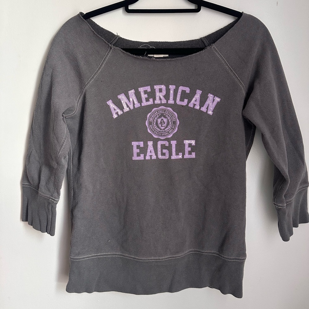 Off the should grey and purple vintage Y2K American Eagle sweatshirt
